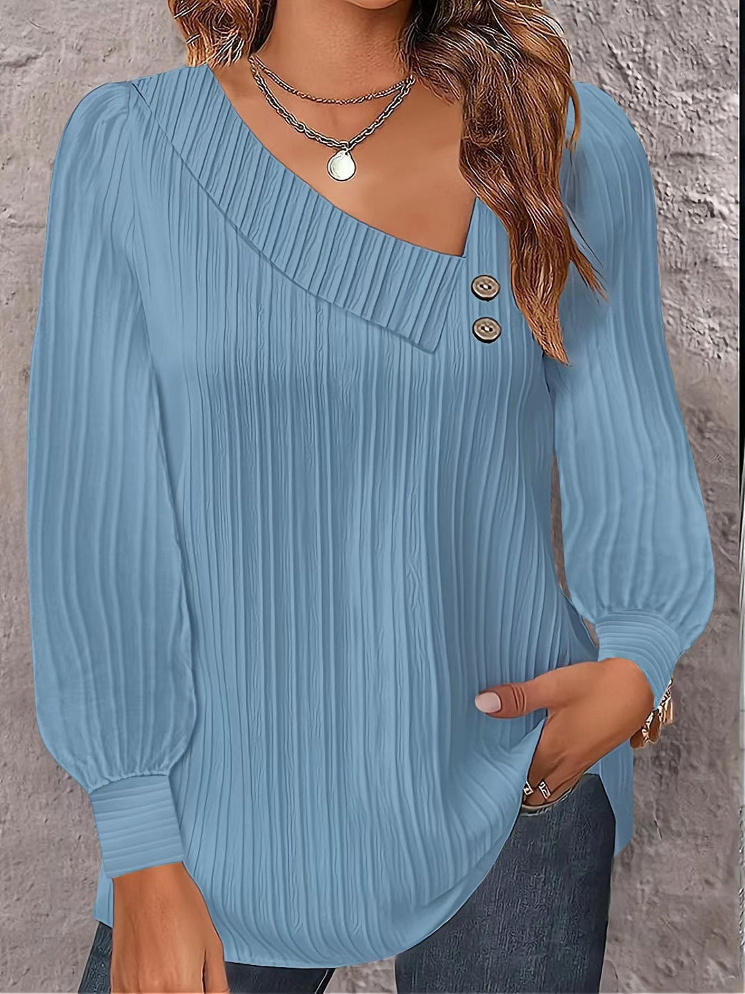Women's Pleated Blouse with Asymmetrical Neckline and Button Details Lune London