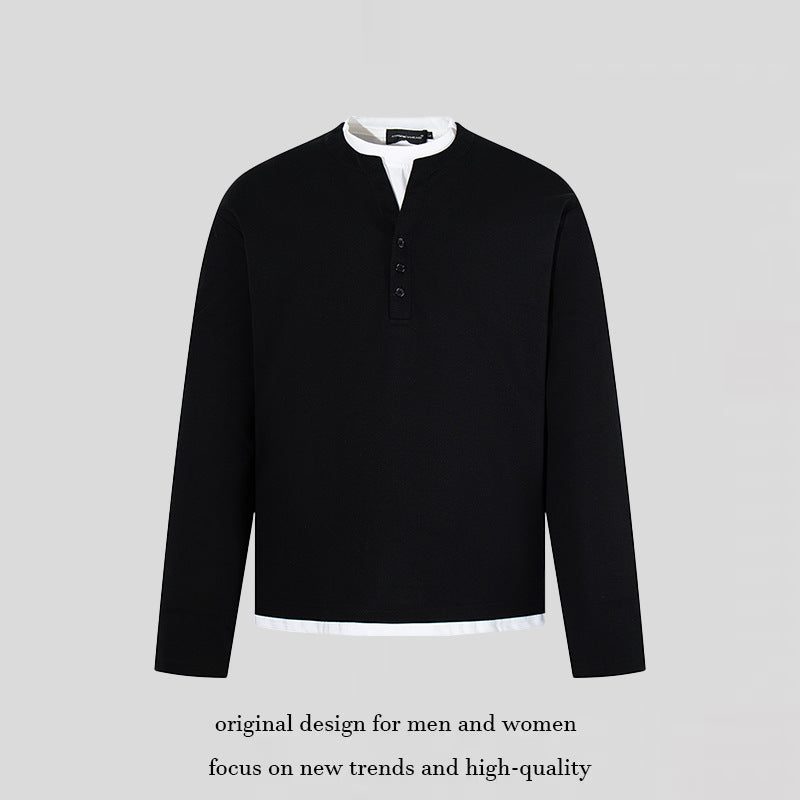 Men's Long-Sleeve Henley Layer Shirt with Contrasting Inner Collar and Modern Regular Fit Amarae