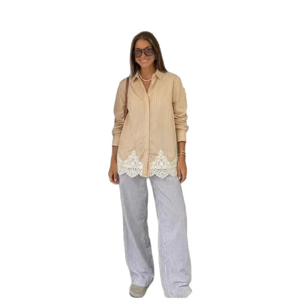 Women's shirt blouse with waist band, fine stripes & lace trim Amarae