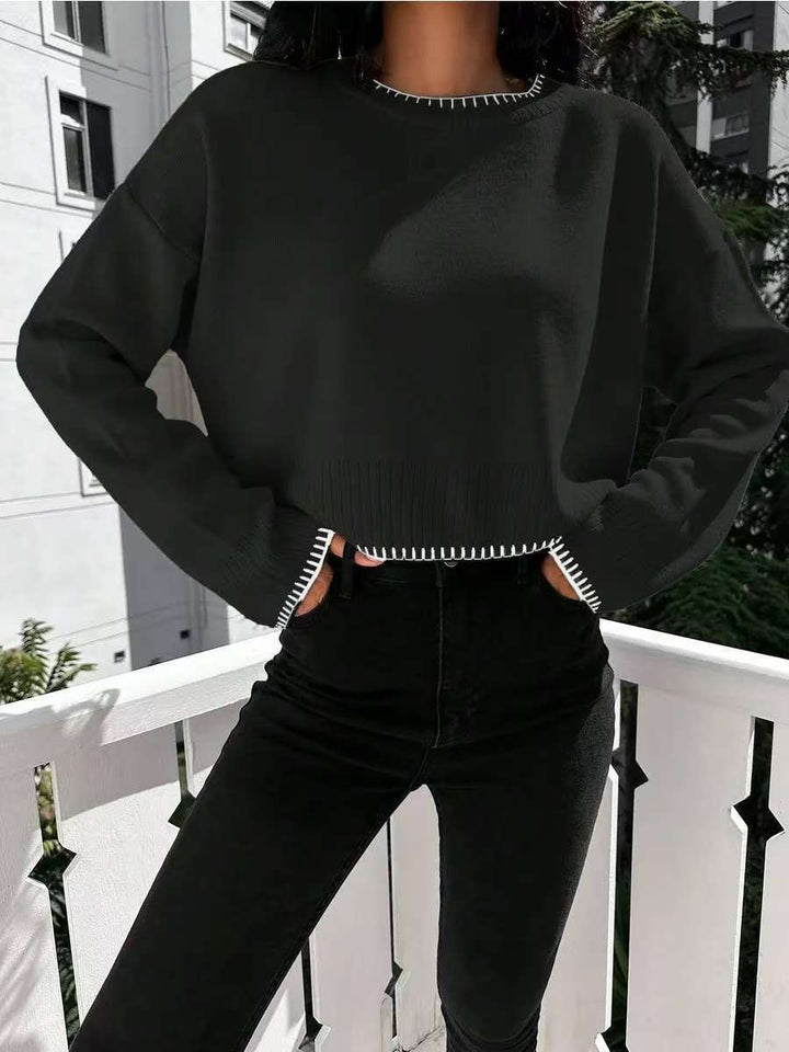 Women's casual cropped sweater with fine ribbed structure and elastic waistband Lune London