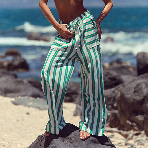 Amarae Women's Loose Beach Pants with Maritime Striped Pattern