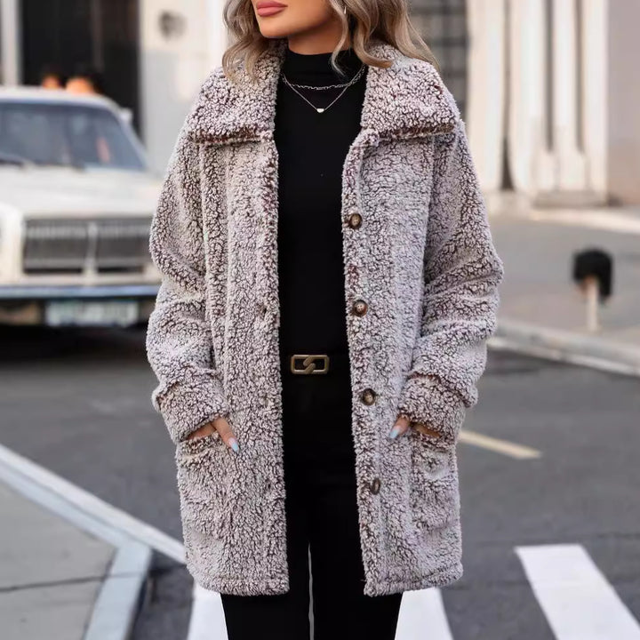 Women Soft Transition Jacket with Large Patch Pockets and Chic Button Details