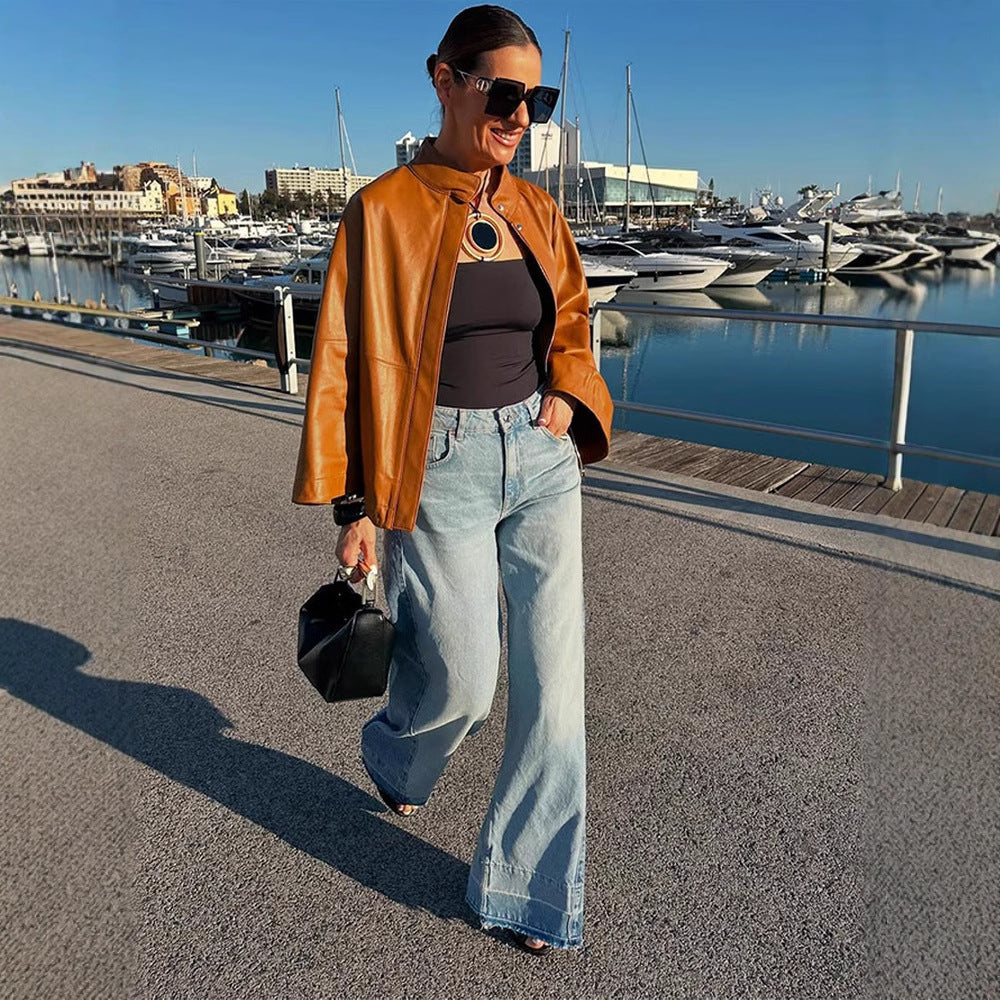 Women's Cape Sleeve Leather Jacket with Stand-up Collar Amarae