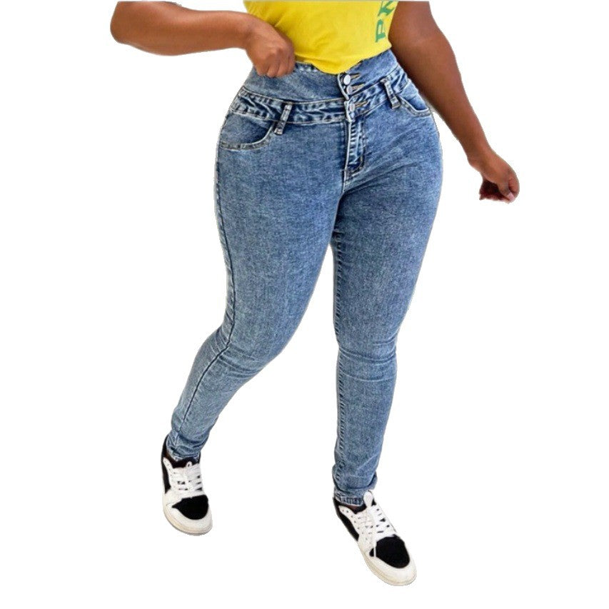 Ladies High-Waisted Sculpting Skinny Jeans with Waist-Shaping Overlap Band and Push-Up Effect Amarae