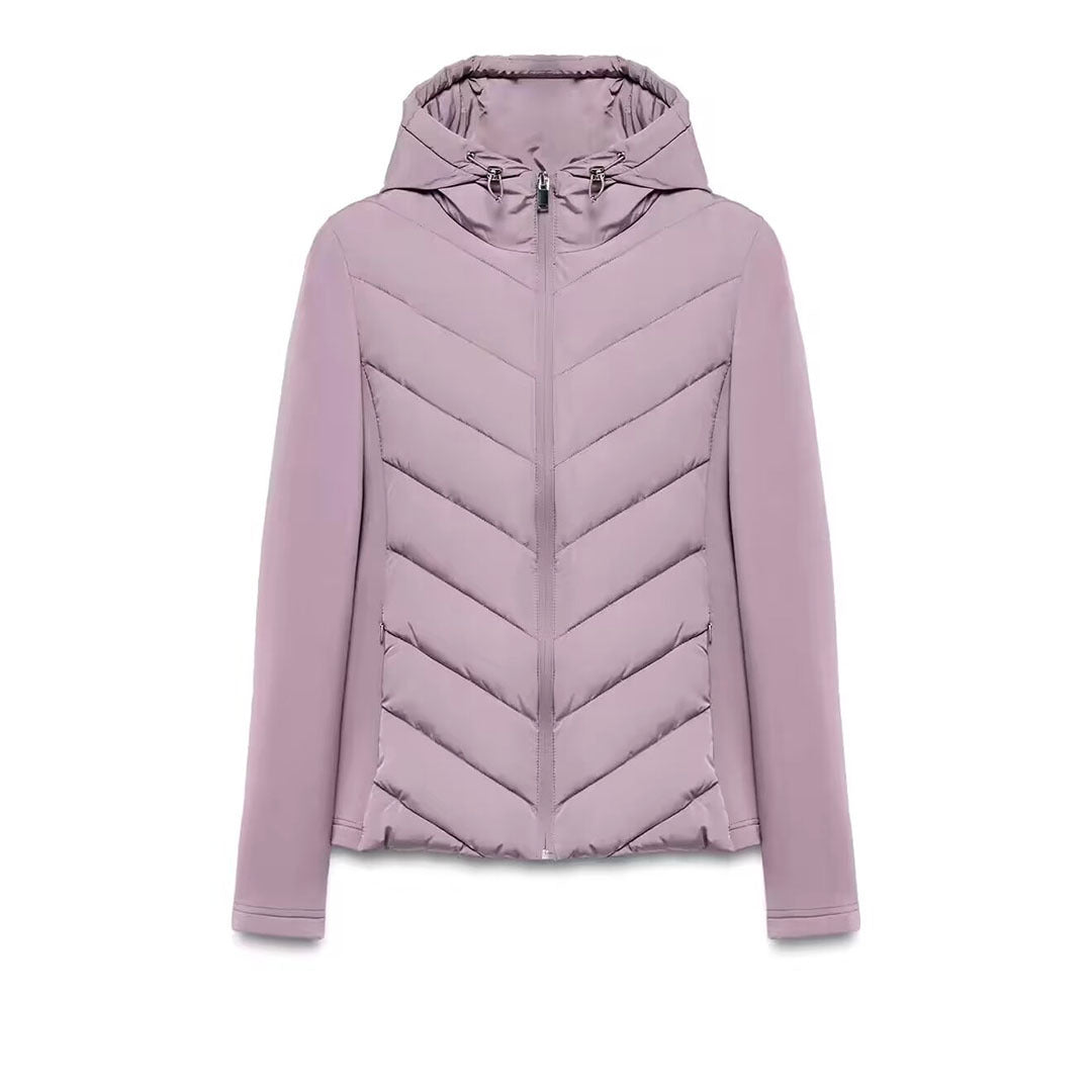Women's hybrid quilted jacket with padding, hood, and elastic sleeve inserts Amarae