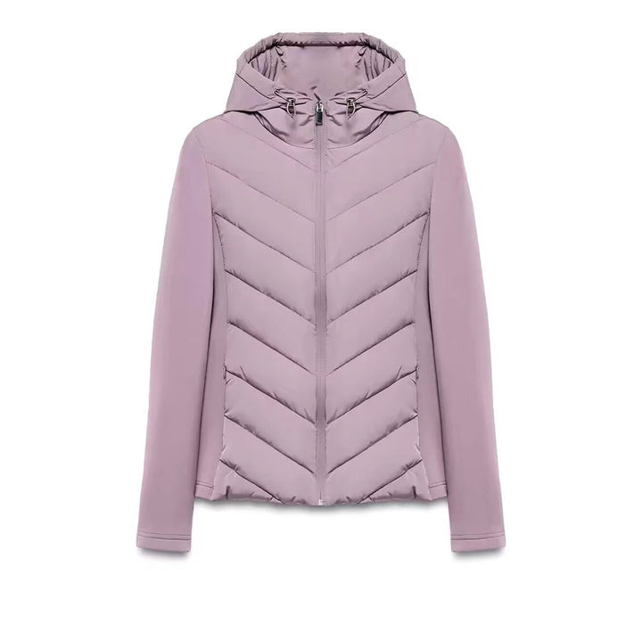 Women's hybrid quilted jacket with padding, hood, and elastic sleeve inserts Amarae