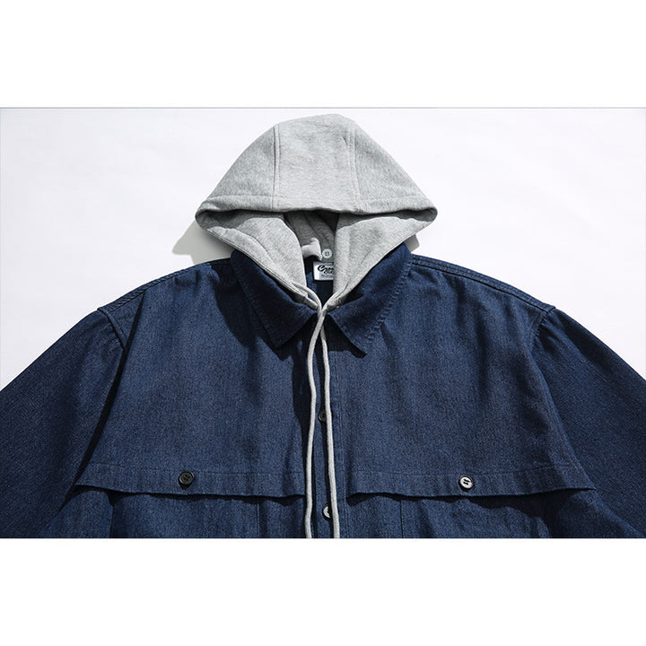 Unisex Boxy Jeans Overshirt Jacket with Attached Hood and Multifunction Pockets Amarae