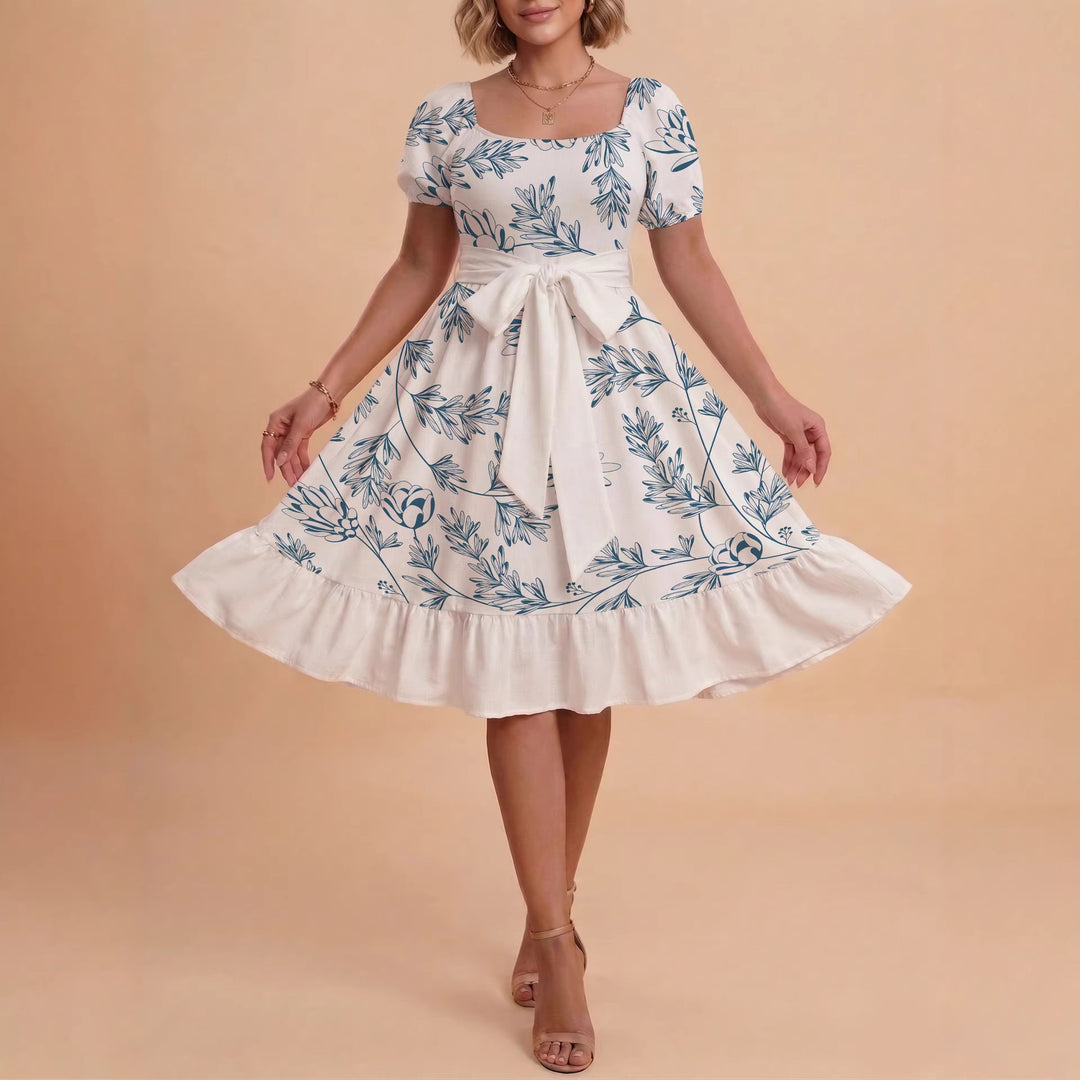 Women's Midi Dress with Elegant Floral Print and Fitted Belt Lune London