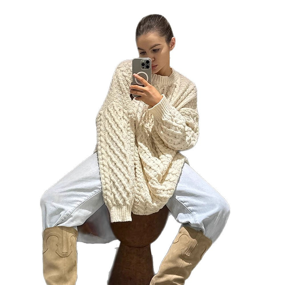 Women's Oversized Chunky Knit Sweater with Cable Knit Pattern and Wide Balloon Sleeves Amarae