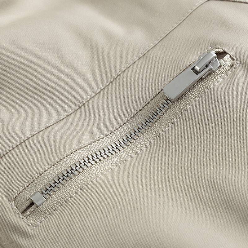 Unisex Boxy transitional jacket with high stand collar, contrasting panels and zip pockets Amarae