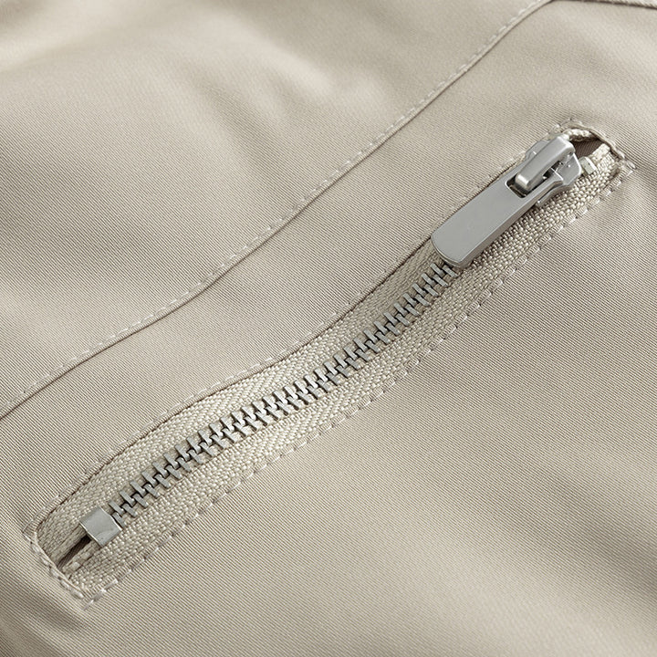 Unisex Boxy transitional jacket with high stand collar, contrasting panels and zip pockets Amarae