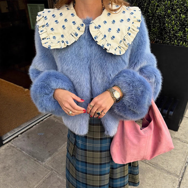 Women's Short Faux Fur Jacket with Distinctive Crochet Collar Amarae