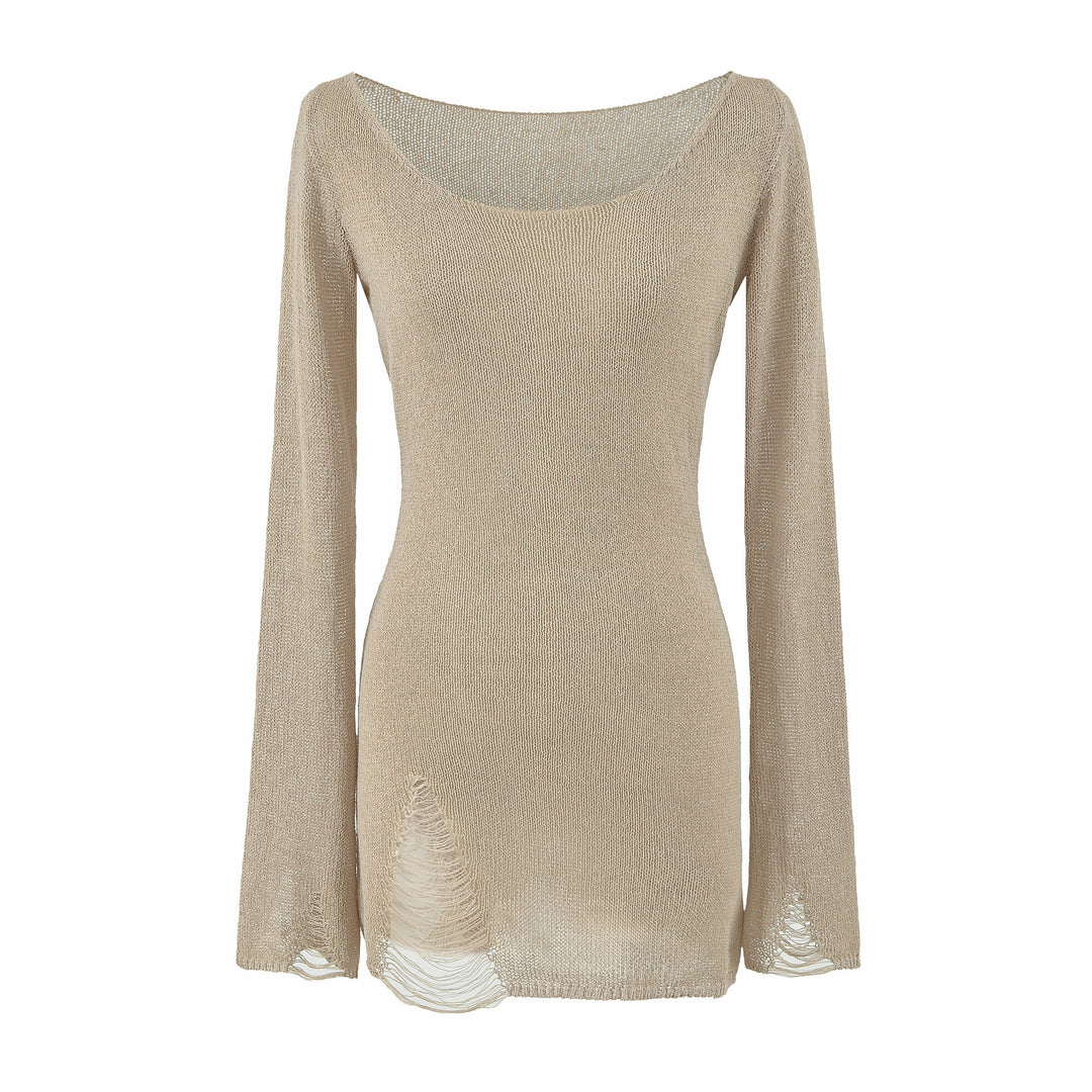 Women's fine knit tunic with bateau neckline, figure-hugging and bell sleeves Amarae