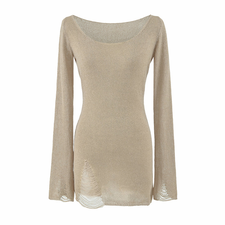 Women's fine knit tunic with bateau neckline, figure-hugging and bell sleeves Amarae