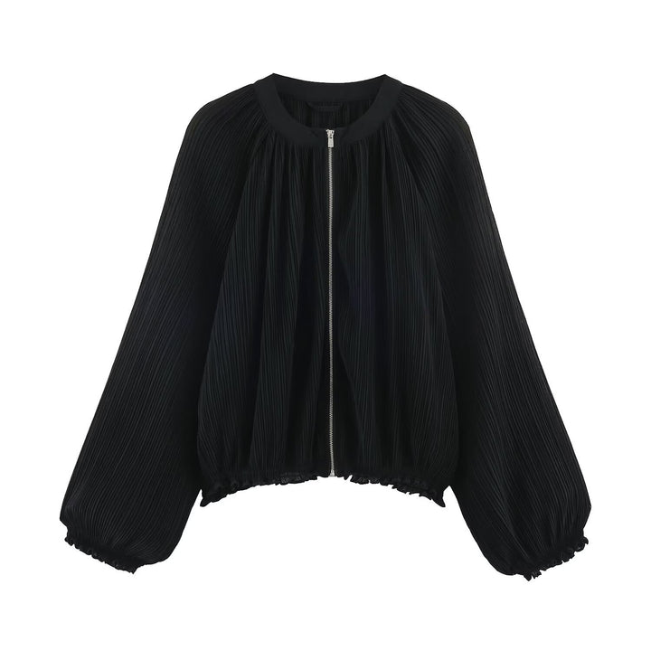 Women's pleated bomber jacket with balloon sleeves, full-length zipper and ruffled hem Amarae