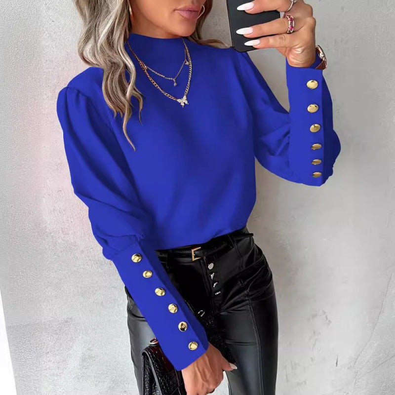 Elegant blouse for women with puff sleeves and golden button details Lune London