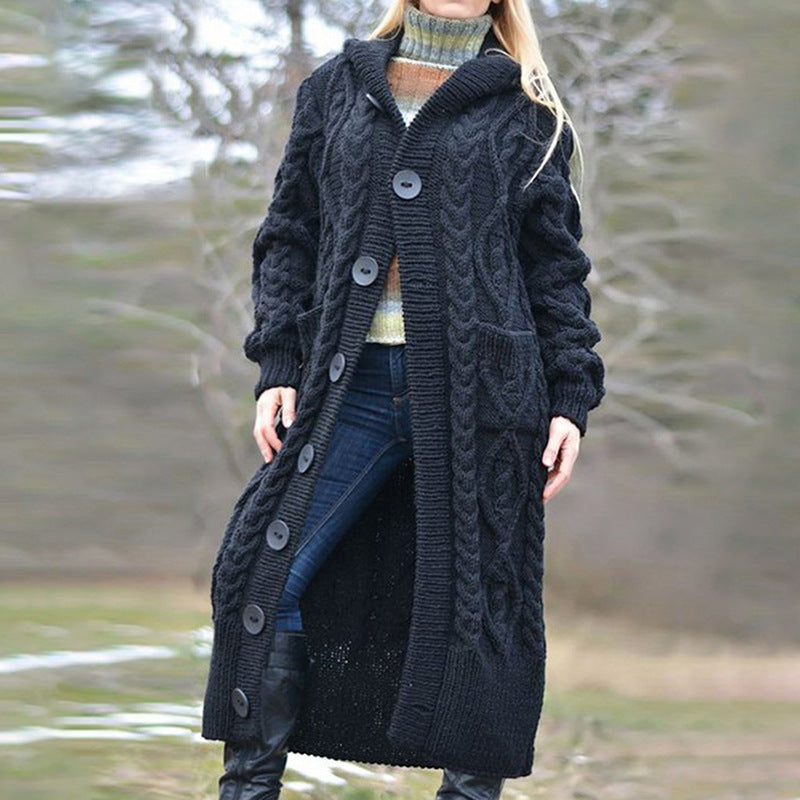Chunky knit coat for women with hood and large buttons Lune London