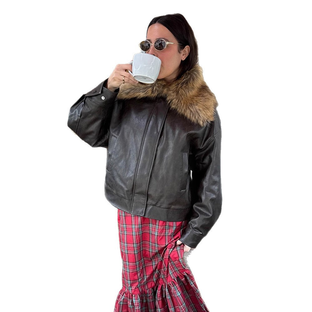 Women Boxy Faux Leather Blouson with Removable Faux Fur Collar and Concealed Button Placket Amarae