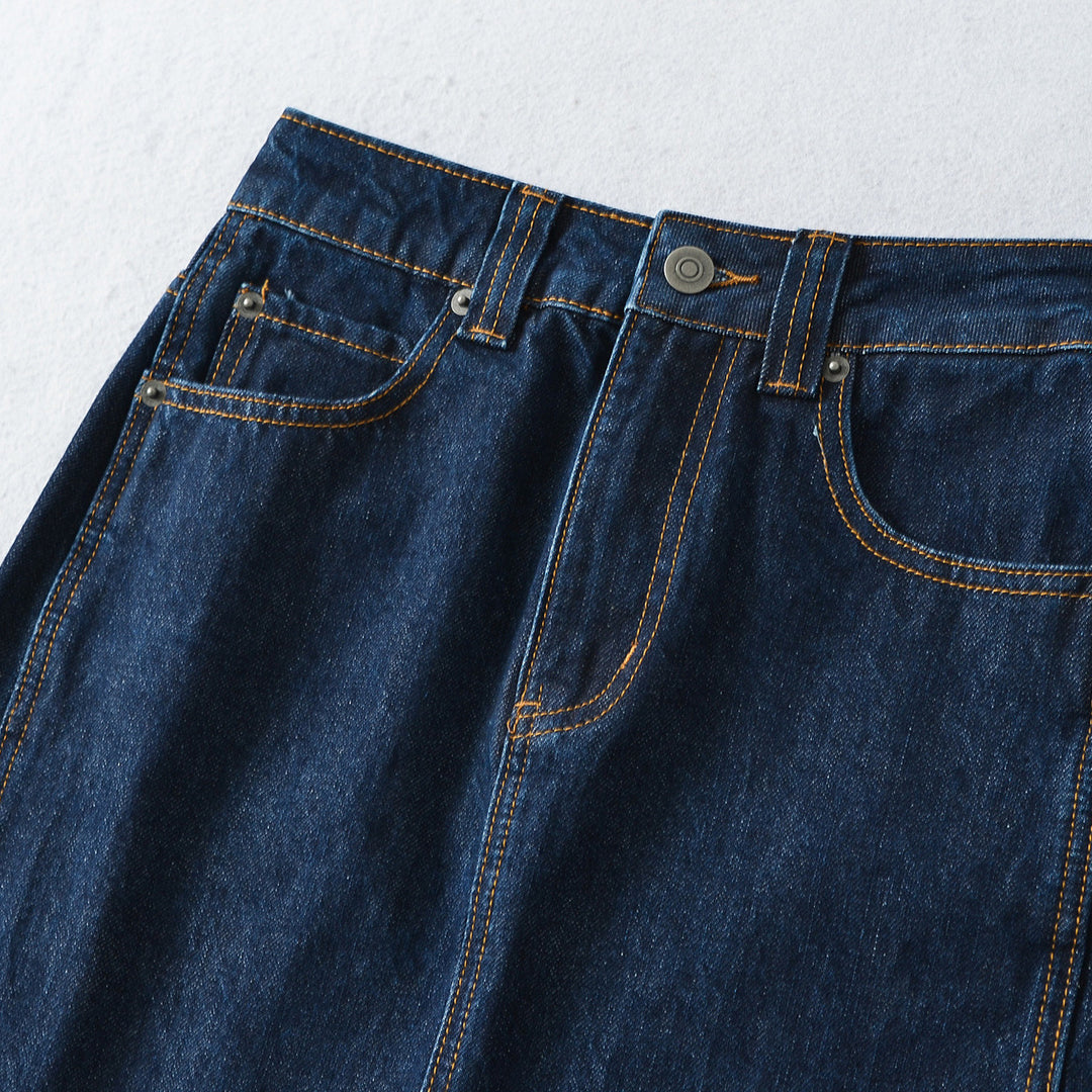 Women's High-Waisted Midi Skirt Made of Denim with Visible Seams and Turned-Up Hem Amarae