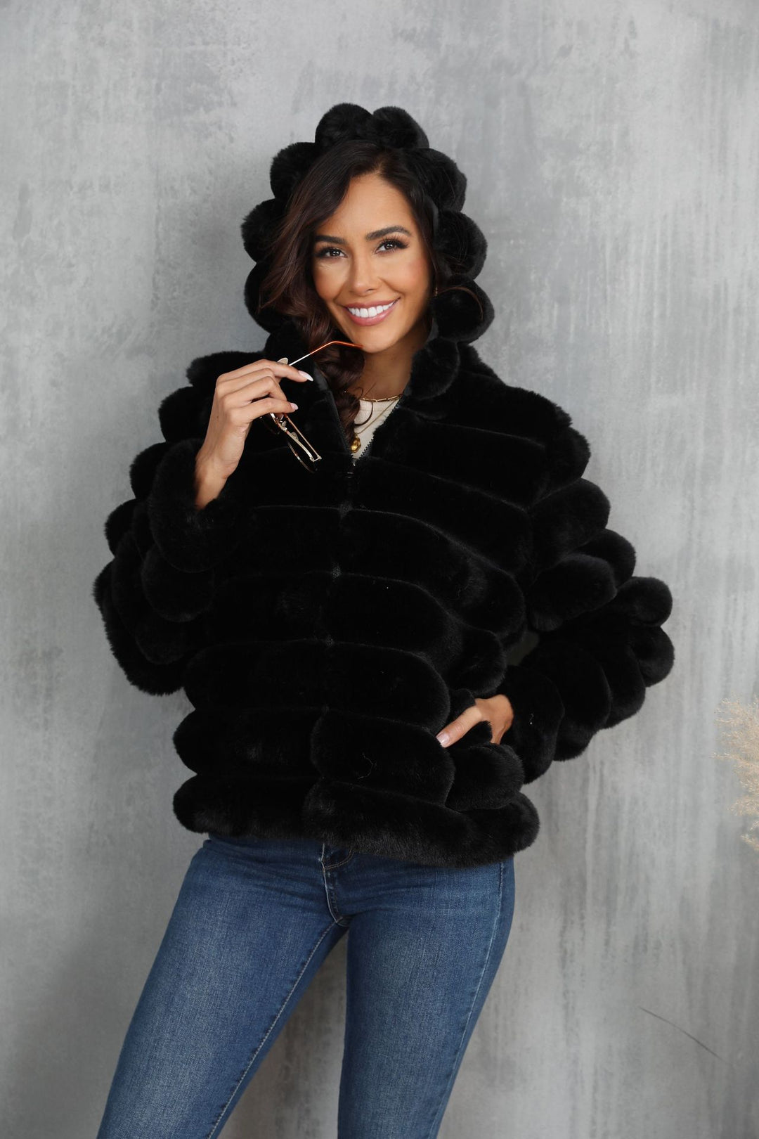 Women's faux fur hooded jacket with textured pattern Lune London