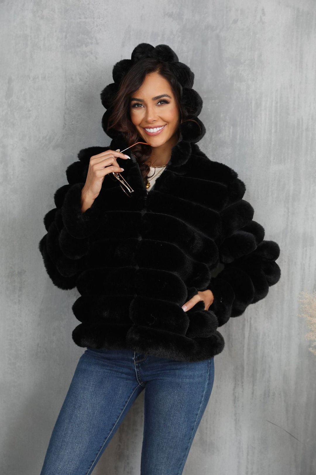 Women's Trendy Hooded Jacket Made Of Faux Fur with Textured Pattern Lune London