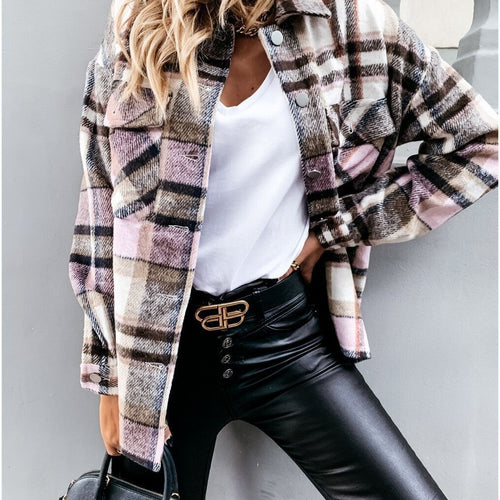 Oversized checkered jacket for women with snap button closure Amarae