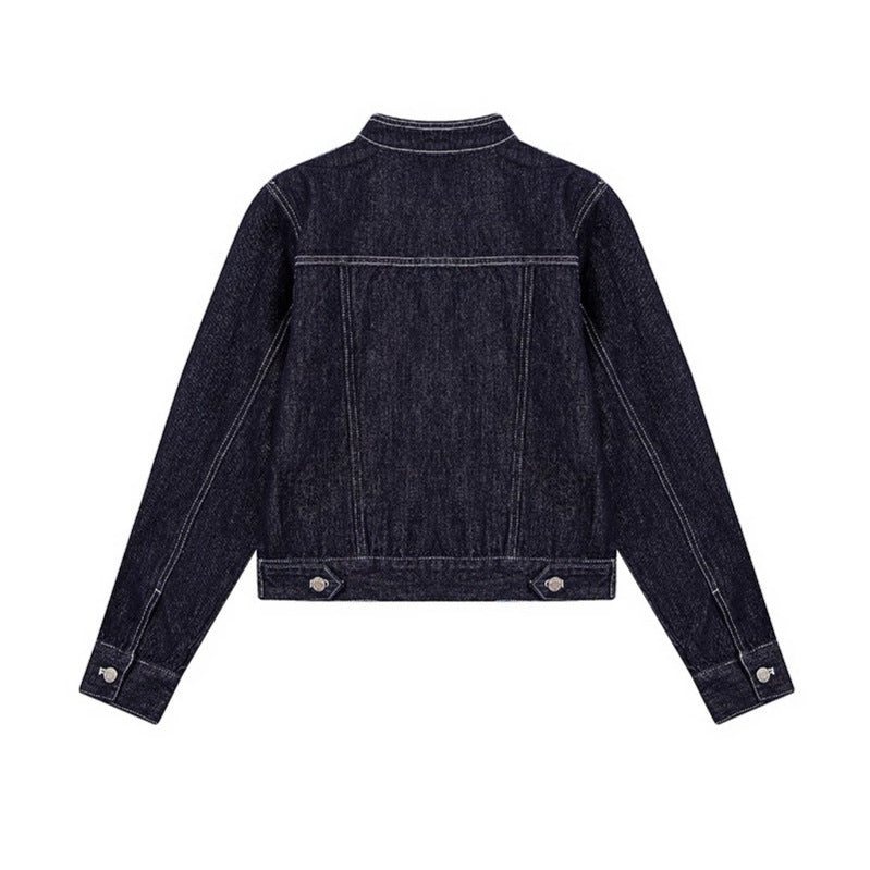 Women Tailored Denim Jacket with Stand-Up Collar, Decorative Seams and Metal Button Closure Amarae
