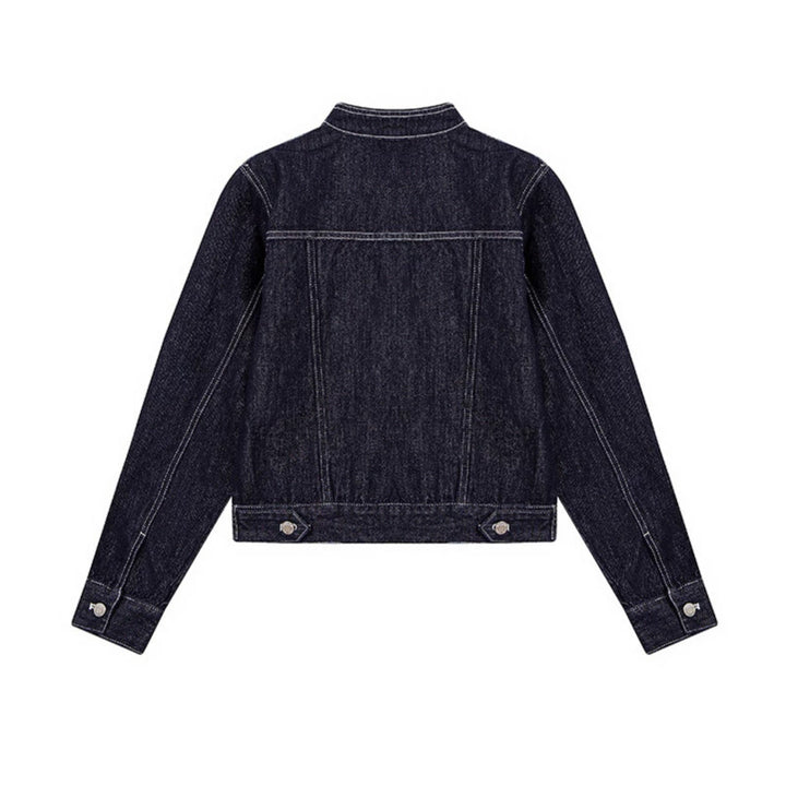 Women Tailored Denim Jacket with Stand-Up Collar, Decorative Seams and Metal Button Closure Amarae