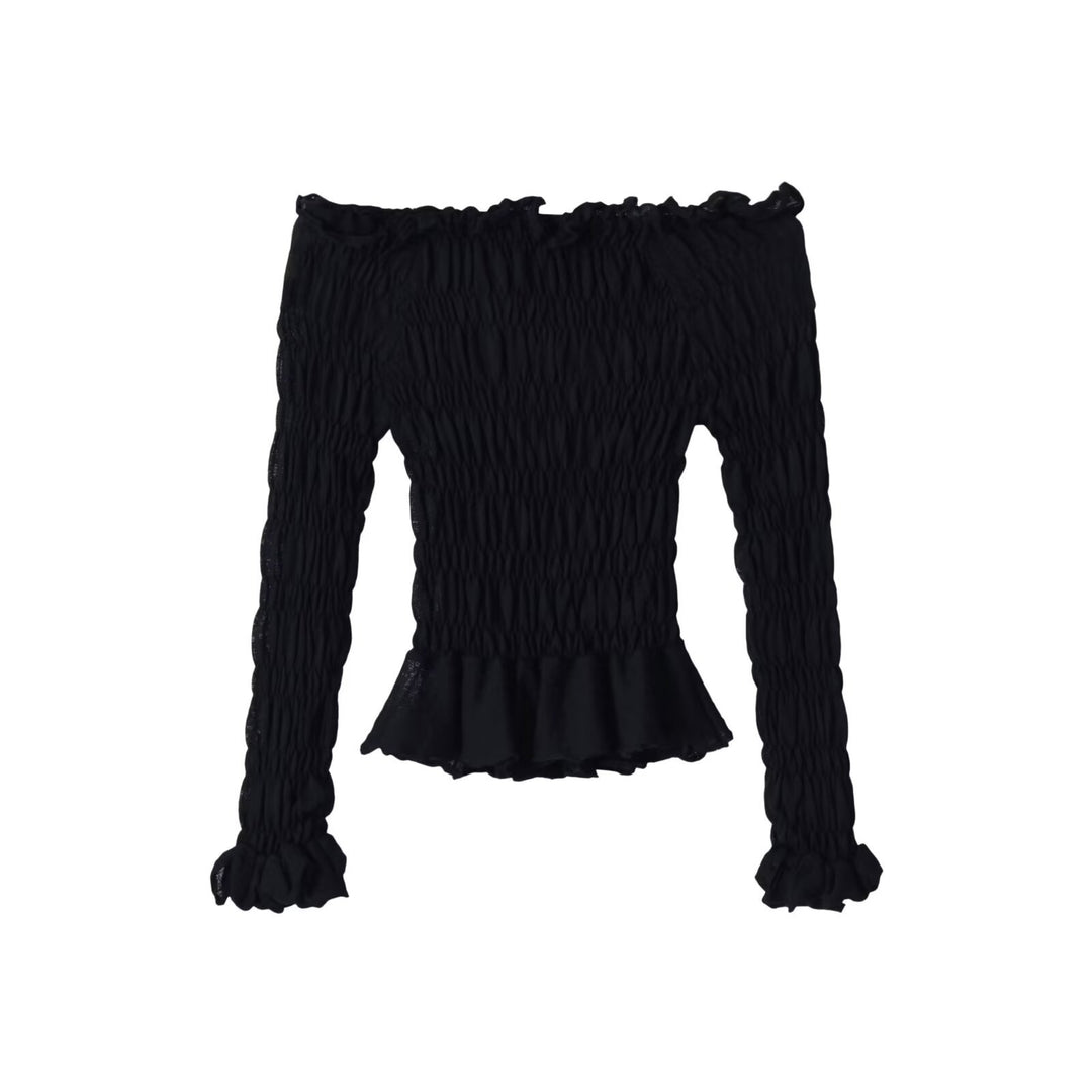 Ladies Off-Shoulder Smock Top with Long Sleeves and Ruffle Hem Amarae