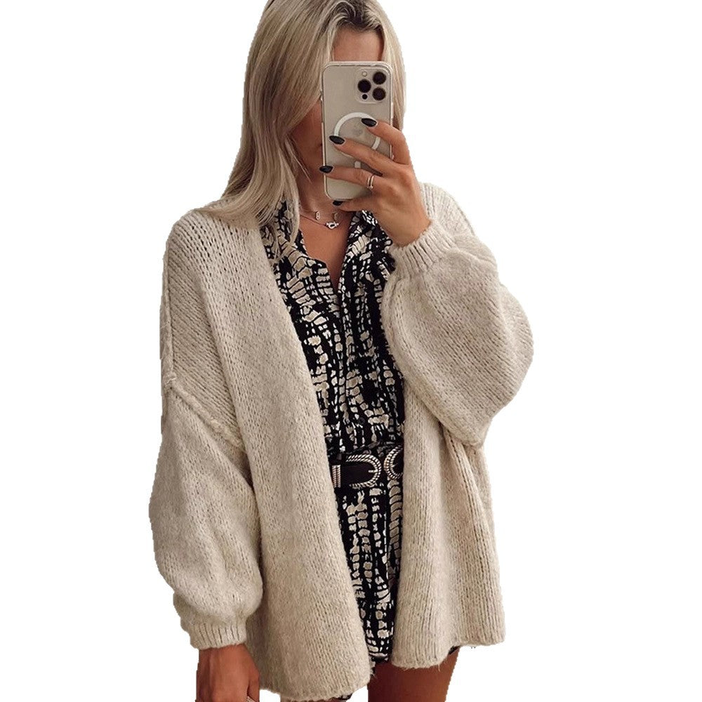 Women's Oversize Knit Cardigan with Voluminous Balloon Sleeves and Teddy-like Texture Amarae