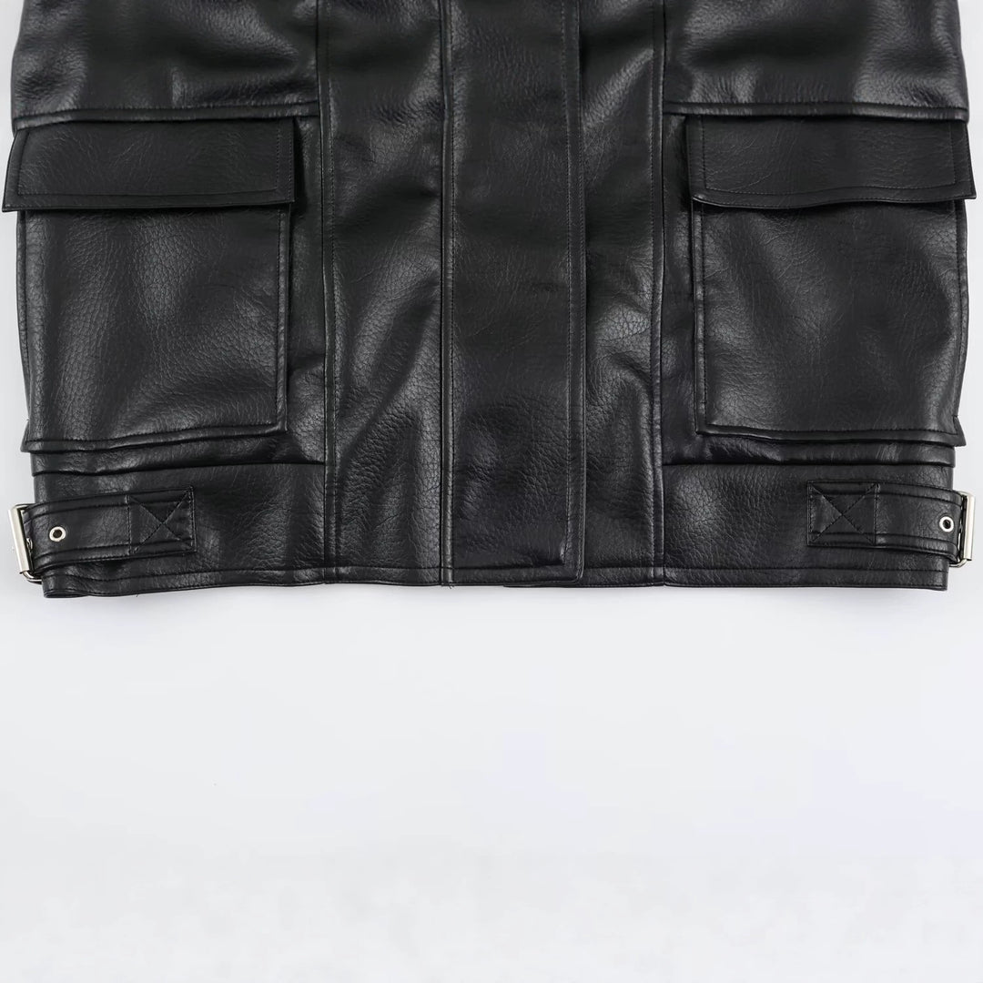 Women's Oversized Faux Leather Jacket with High Funnel Collar and Patch Pockets Amarae
