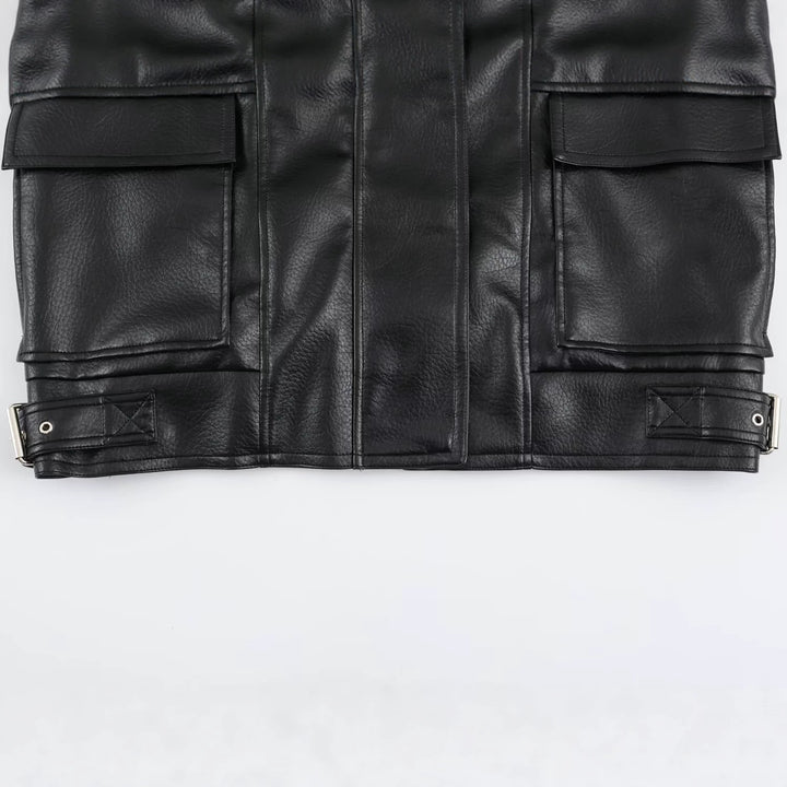 Women's Oversized Faux Leather Jacket with High Funnel Collar and Patch Pockets Amarae