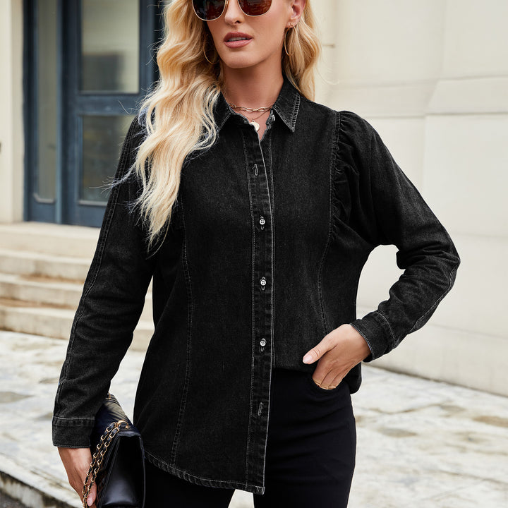 Denim blouse for women with ruffle details and a fitted cut Lune London