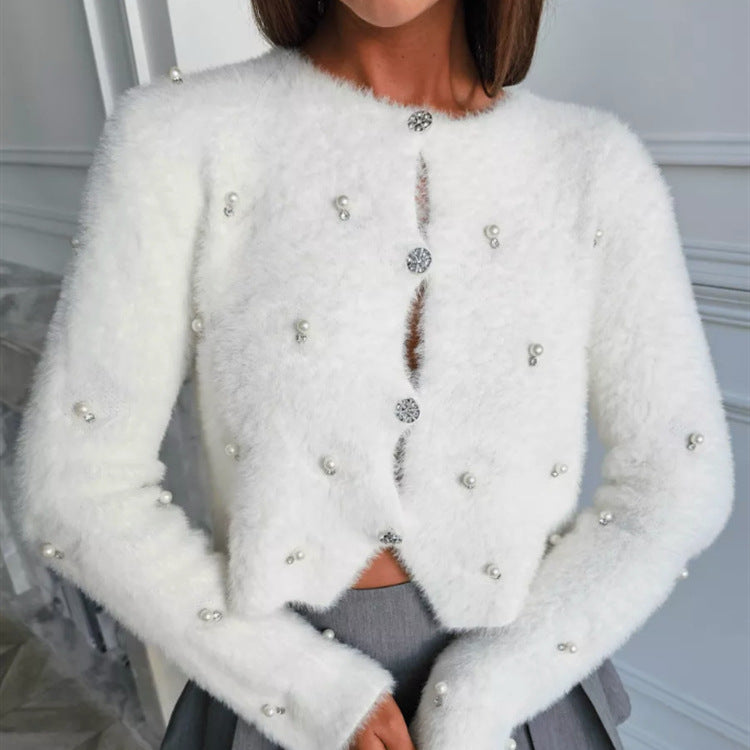 Ladies Plush Knit Sweater Jacket with Decorative Buttons and a Chic Elegant Cut