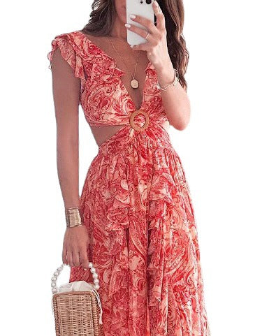 Women's Boho Maxi Dress with Playful Ruffle Details and Shimmering Belt