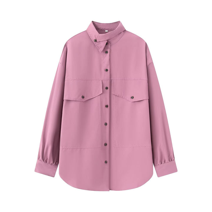 Women's Oversized Utility Shirt Blouse with Drop Shoulder, Flap Pockets and Stand Collar Amarae