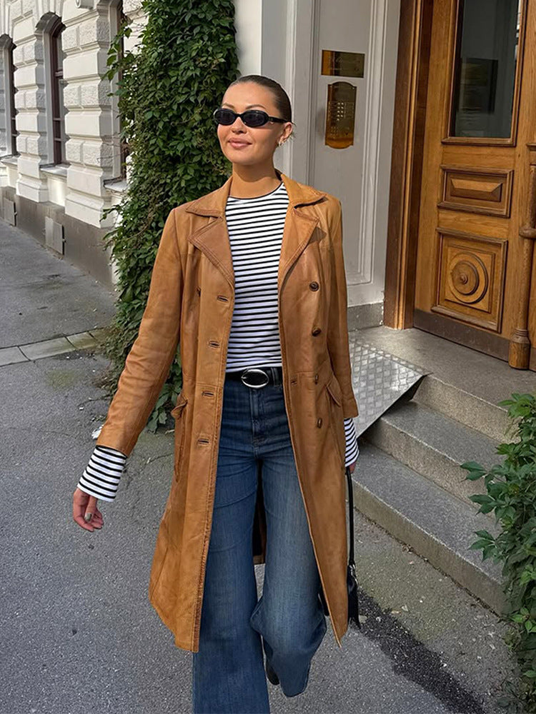 Women's Longer Tailored Leather Trench Coat with Double-Breasted Button Placket and Notched Collar Amarae