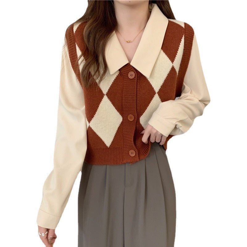 Gilet en tricot pour femmes avec motif à carreaux et col classique Chic & Stil