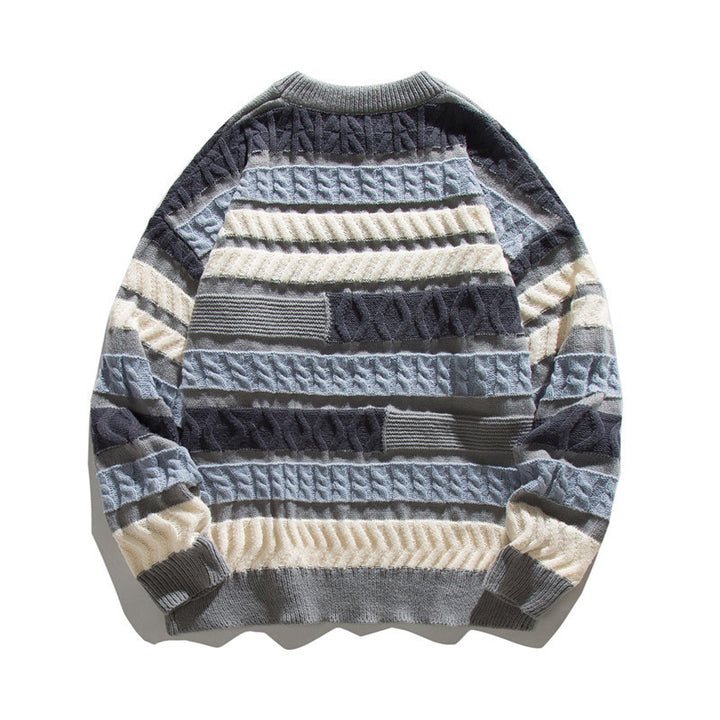 Unisex Oversize Knit Sweater with Patchwork Cable Pattern and Round Neck Amarae