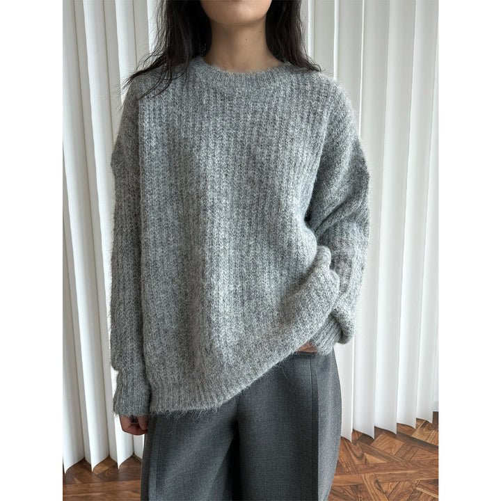 Women Fluffy Oversized Sweater in Mohair Look with Ribbed Textured Knit Amarae