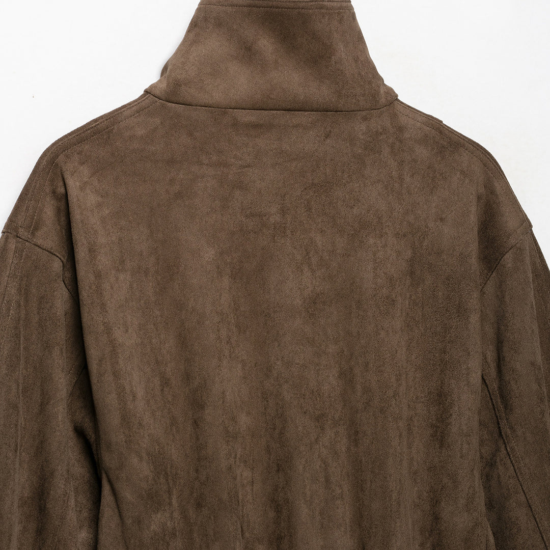 Women Short Velvet Look Jacket with High Funnel Neck, Snap Button Placket and Tie Belt Amarae