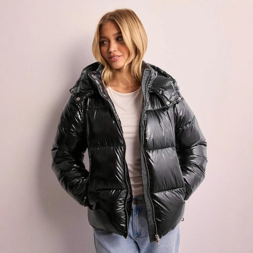 Ladies Shiny Quilted Jacket with Removable Hood Amarae