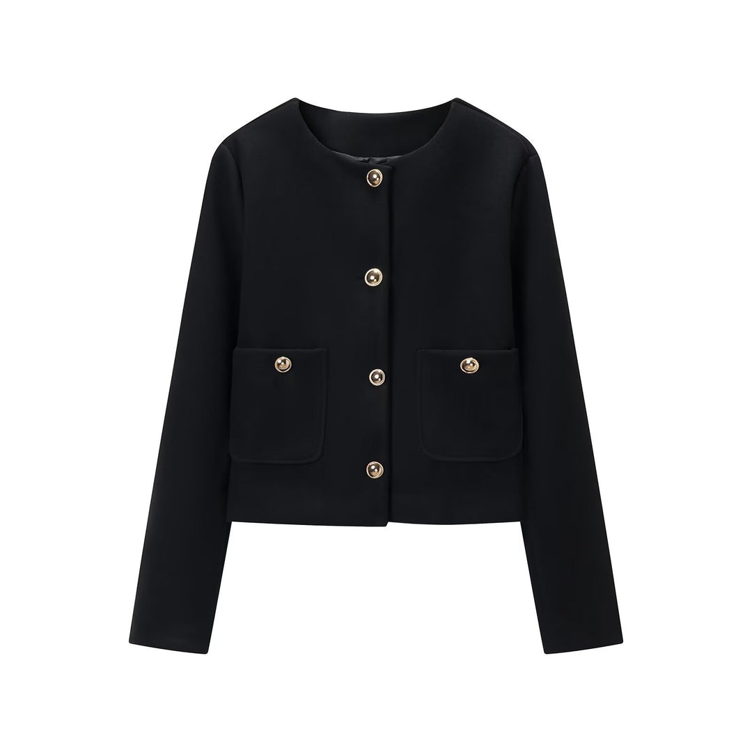 Women's cropped wool blend jacket with round neck, patch pockets and gold decorative buttons Amarae