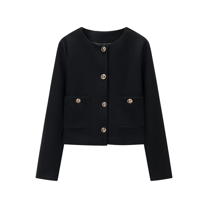 Women's cropped wool blend jacket with round neck, patch pockets and gold decorative buttons Amarae