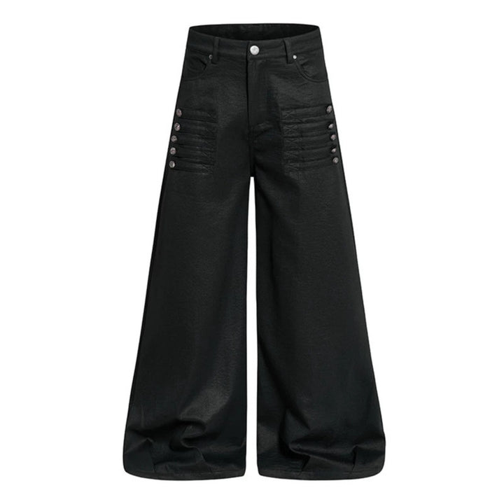 Women's wide high-cut palazzo pants with coated leather look, extra wide leg and statement print Amarae