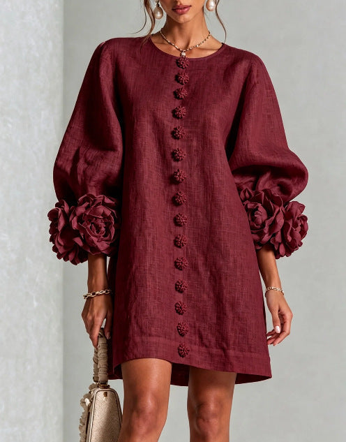 Ladies linen dress in A-line cut with balloon sleeves and 3D flower decoration Amarae
