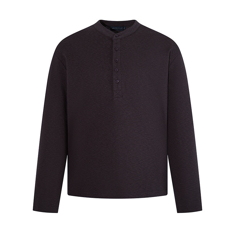 Men's Long Sleeve Henley Shirt with Stand Collar and Button Closure made of Textured Jersey Amarae