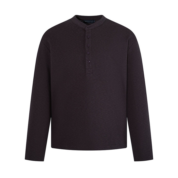 Men's Long Sleeve Henley Shirt with Stand Collar and Button Closure made of Textured Jersey Amarae