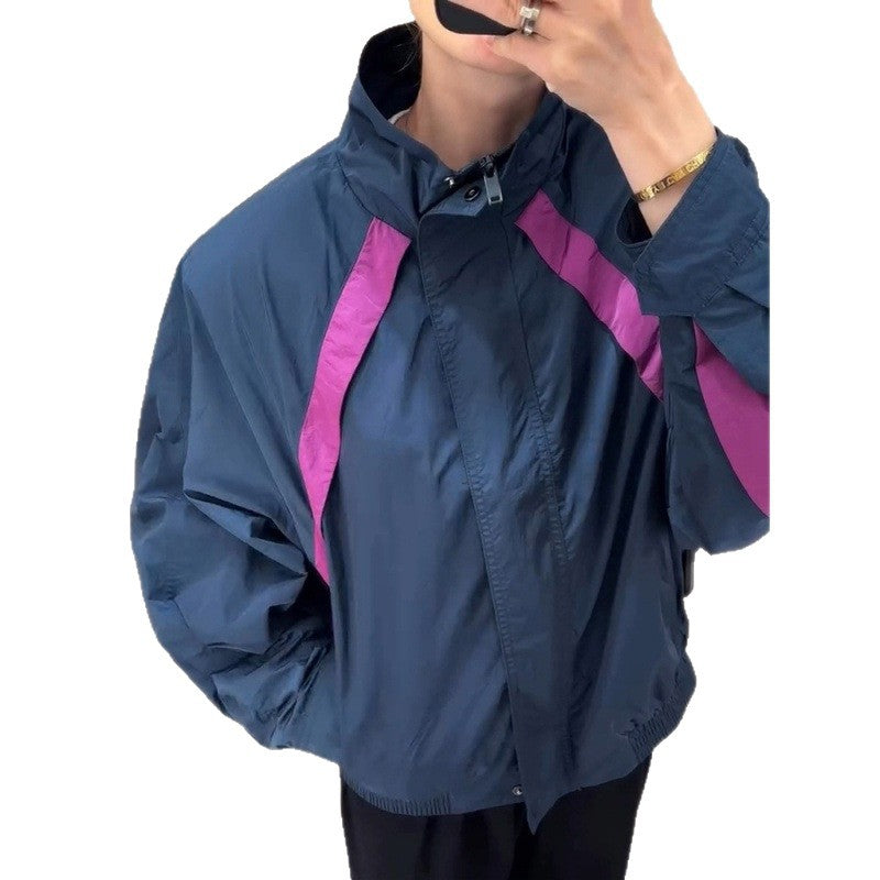 Women's Lightweight Oversized Windbreaker with High Stand-Up Collar and Contrast Stripes Amarae