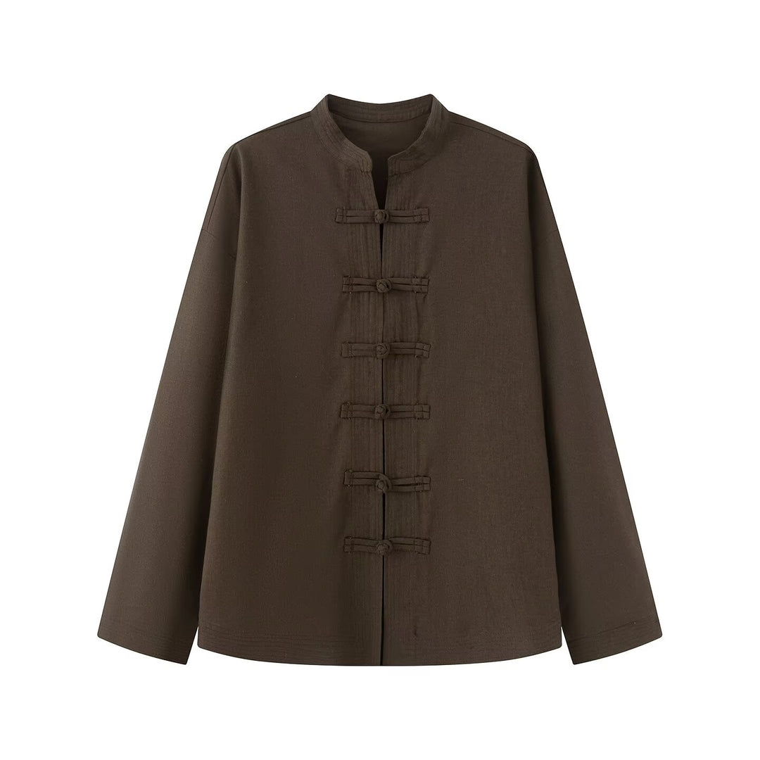 Ladies wide blouse jacket with stand collar and knot closure Amarae